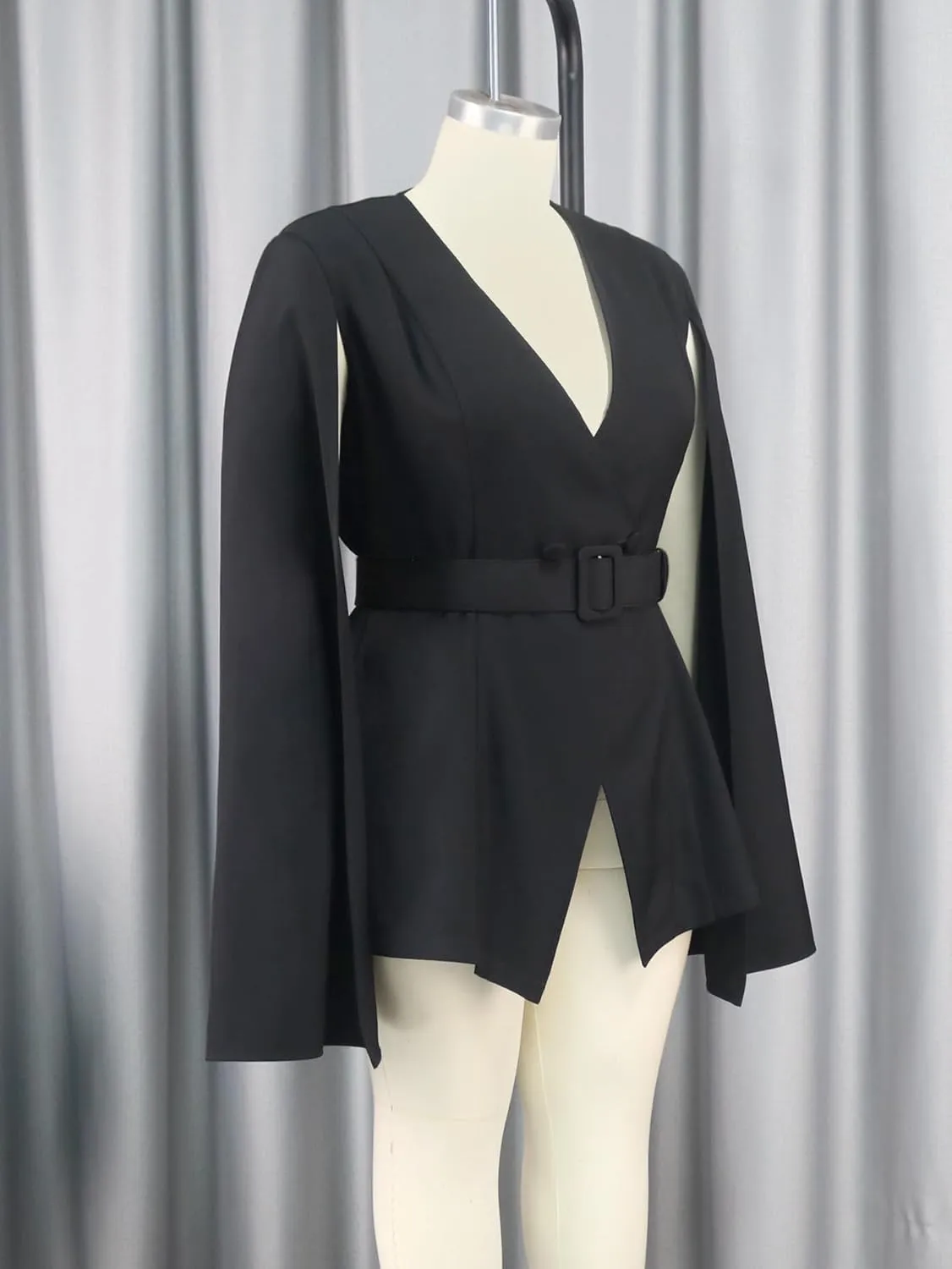 ONTINVA Womens Black Deep V-Neck Cape Blazer Split Sleeve Open Front Casual Jacket Coat Workwear Belt Waist Cloak