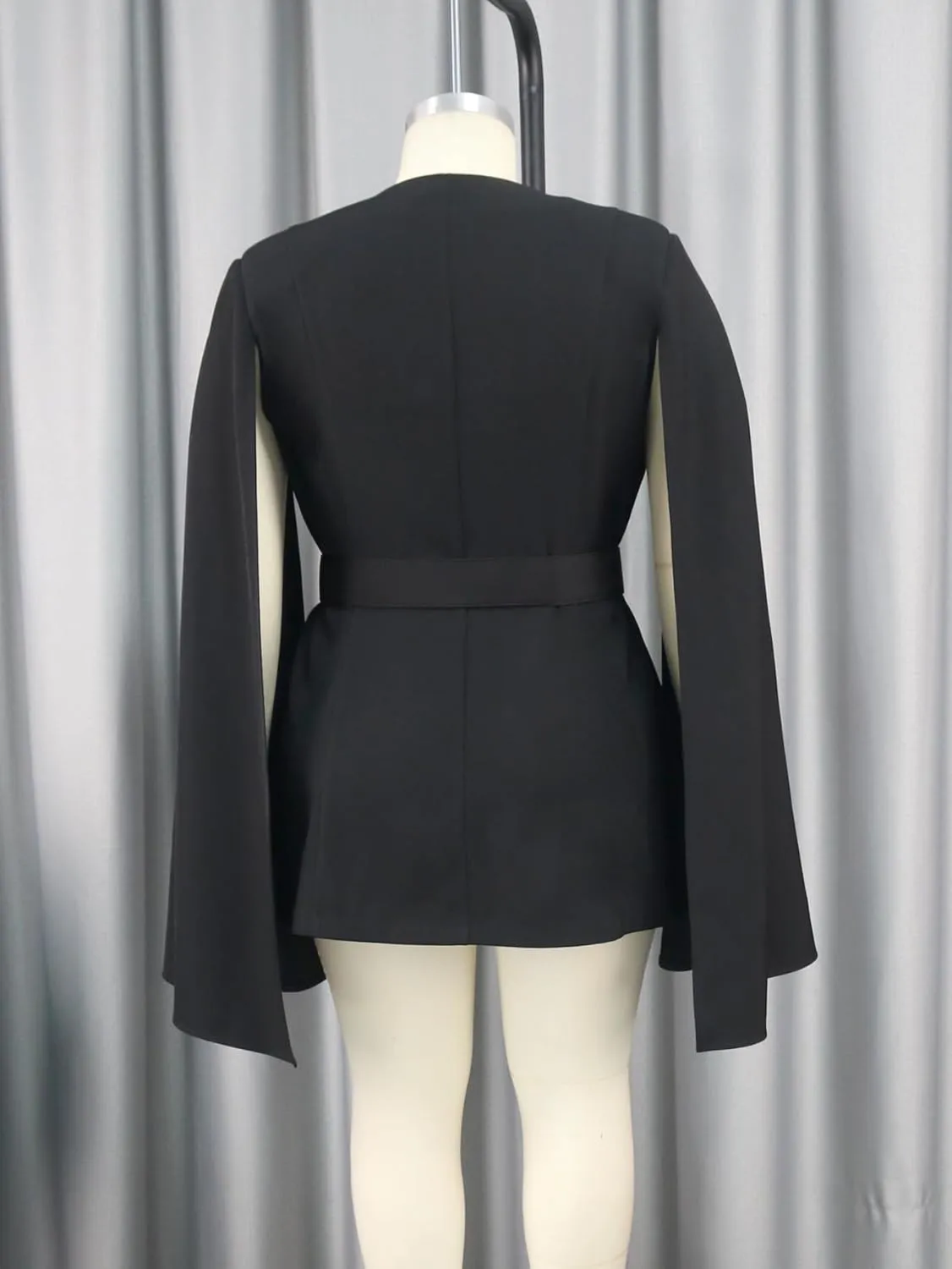 ONTINVA Womens Black Deep V-Neck Cape Blazer Split Sleeve Open Front Casual Jacket Coat Workwear Belt Waist Cloak