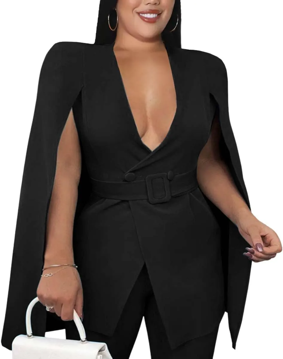 ONTINVA Womens Black Deep V-Neck Cape Blazer Split Sleeve Open Front Casual Jacket Coat Workwear Belt Waist Cloak