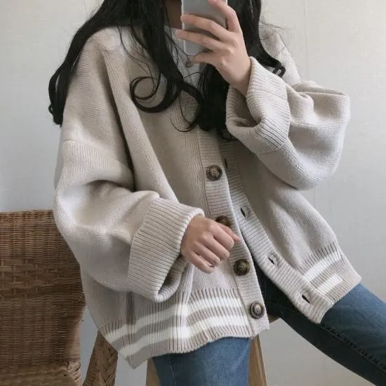 Oversize Retro Knit Beige Gray Cardigan