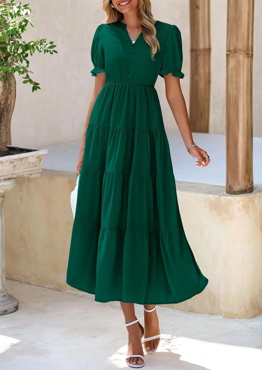 PRETTYGARDEN Women's Summer Casual Short Sleeve V Neck Midi Dresses 2025 Spring A-line Tiered Wedding Guest Dress