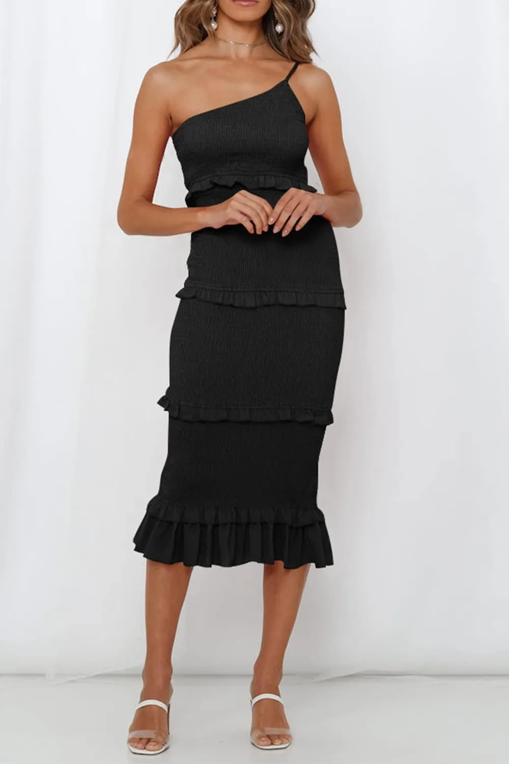 PRETTYGARDEN Women's Summer Midi Bodycon Dresses One Shoulder Strappy Tiered Ruffle Floral Boho Sun Dress