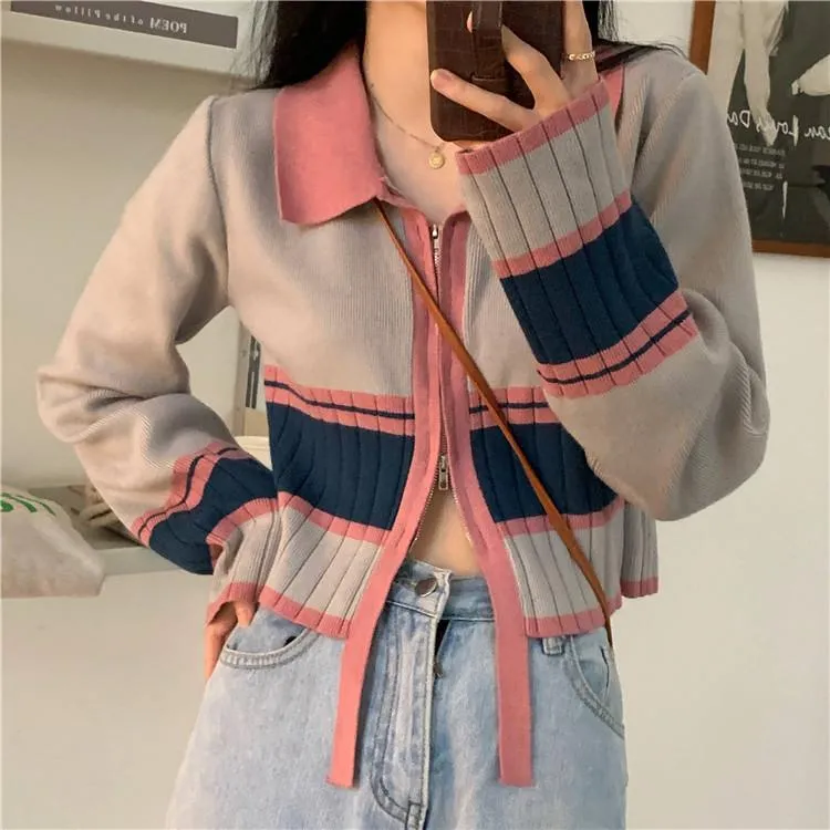 Retro Pastel Ribbed Zipper Knit Cardigan Sweater
