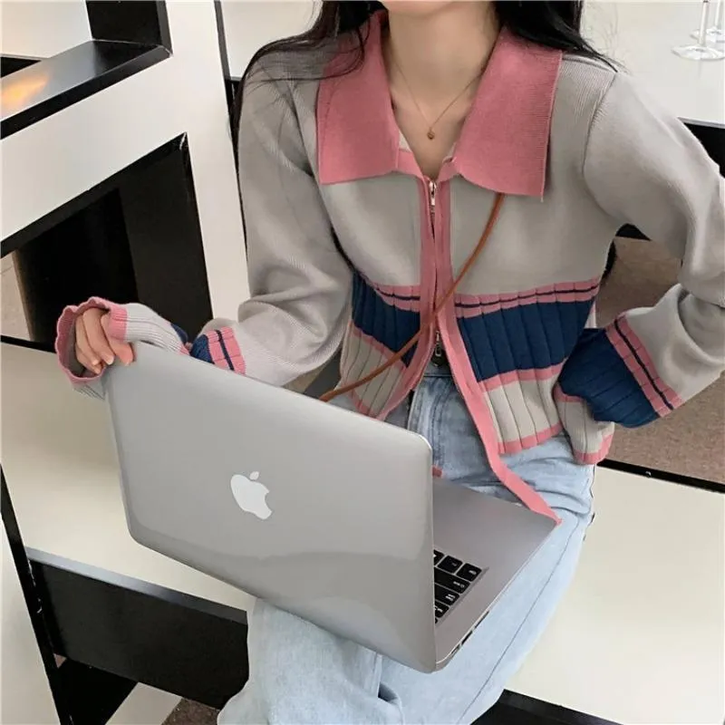Retro Pastel Ribbed Zipper Knit Cardigan Sweater