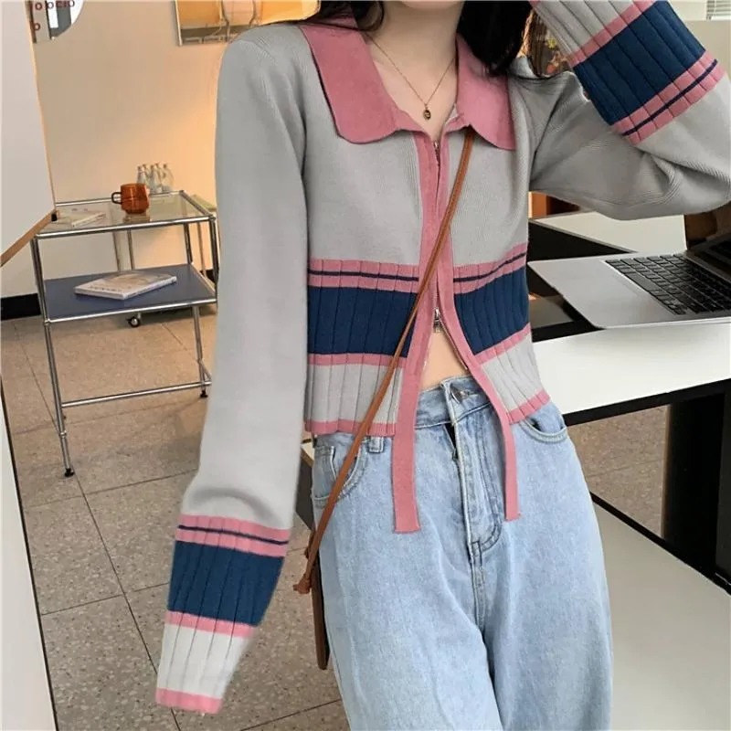 Retro Pastel Ribbed Zipper Knit Cardigan Sweater