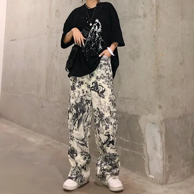 Retro Print Art Hoe White Straight Wide Pants