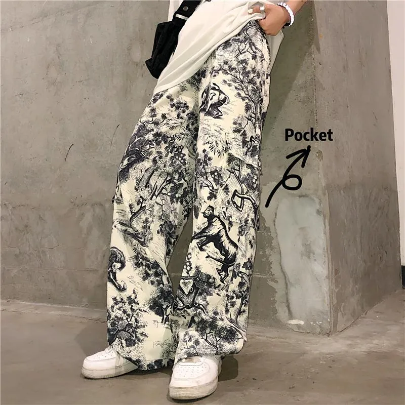 Retro Print Art Hoe White Straight Wide Pants