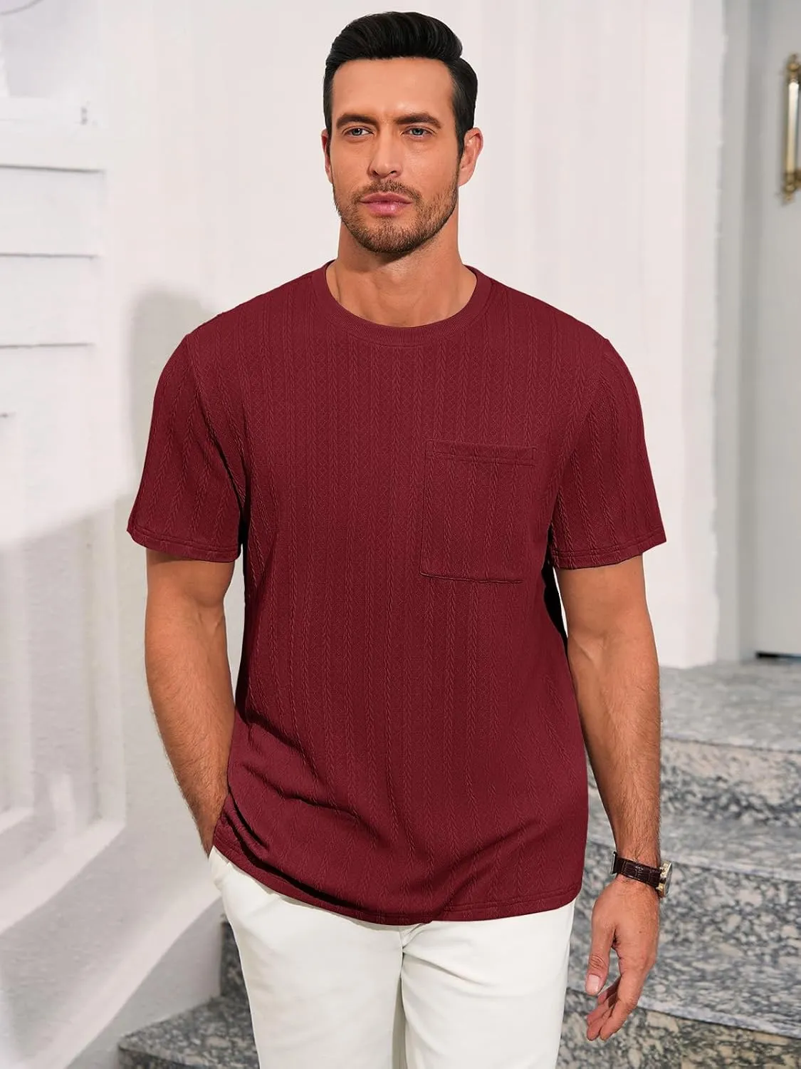 Runcati Mens Short Sleeve T-Shirts Casual Knit Texture Crewneck Pocket Tee Tops Loose Fit Summer Shirt