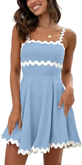 Senllen Womens Summer Flowy Mini Dress 2025 Casual Spaghetti Straps Sleeveless Smocked Backless Swing Wave Trim Sundress