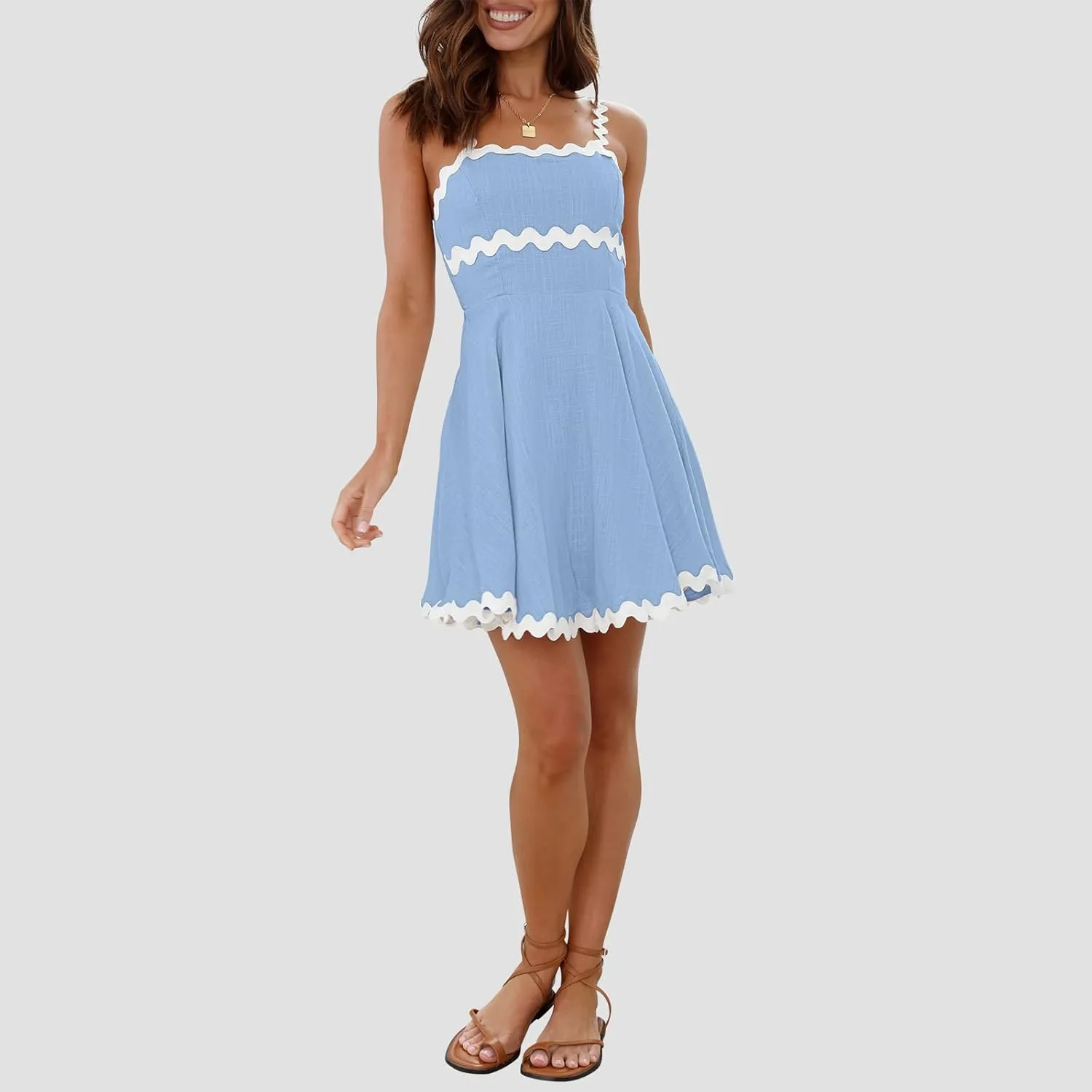 Senllen Womens Summer Flowy Mini Dress 2025 Casual Spaghetti Straps Sleeveless Smocked Backless Swing Wave Trim Sundress