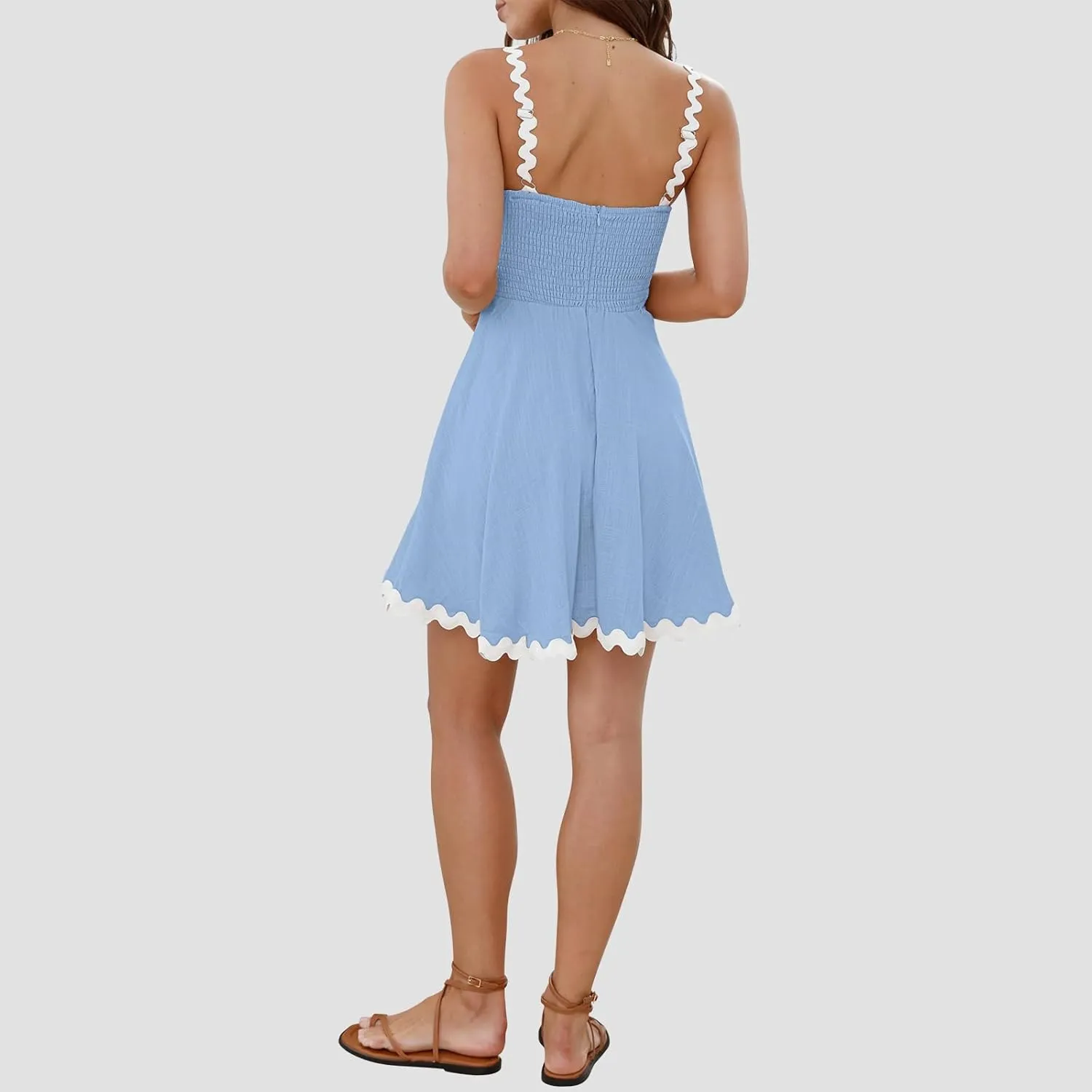 Senllen Womens Summer Flowy Mini Dress 2025 Casual Spaghetti Straps Sleeveless Smocked Backless Swing Wave Trim Sundress
