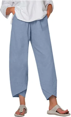SMIDOW Capri Pants for Women Cotton Linen Wide Leg Capris Casual Summer Cropped Pants Beach Elastic Waist Baggy Crop Trousers