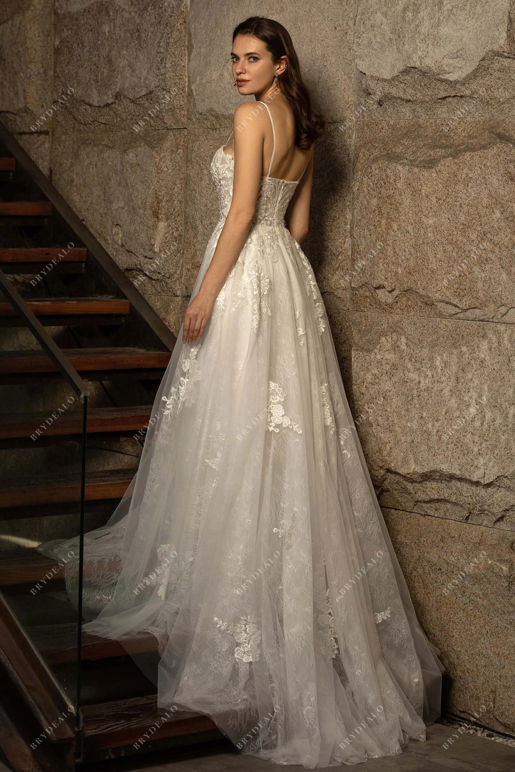 Spaghetti Strap Modern Corset Lace Destination Wedding Dress