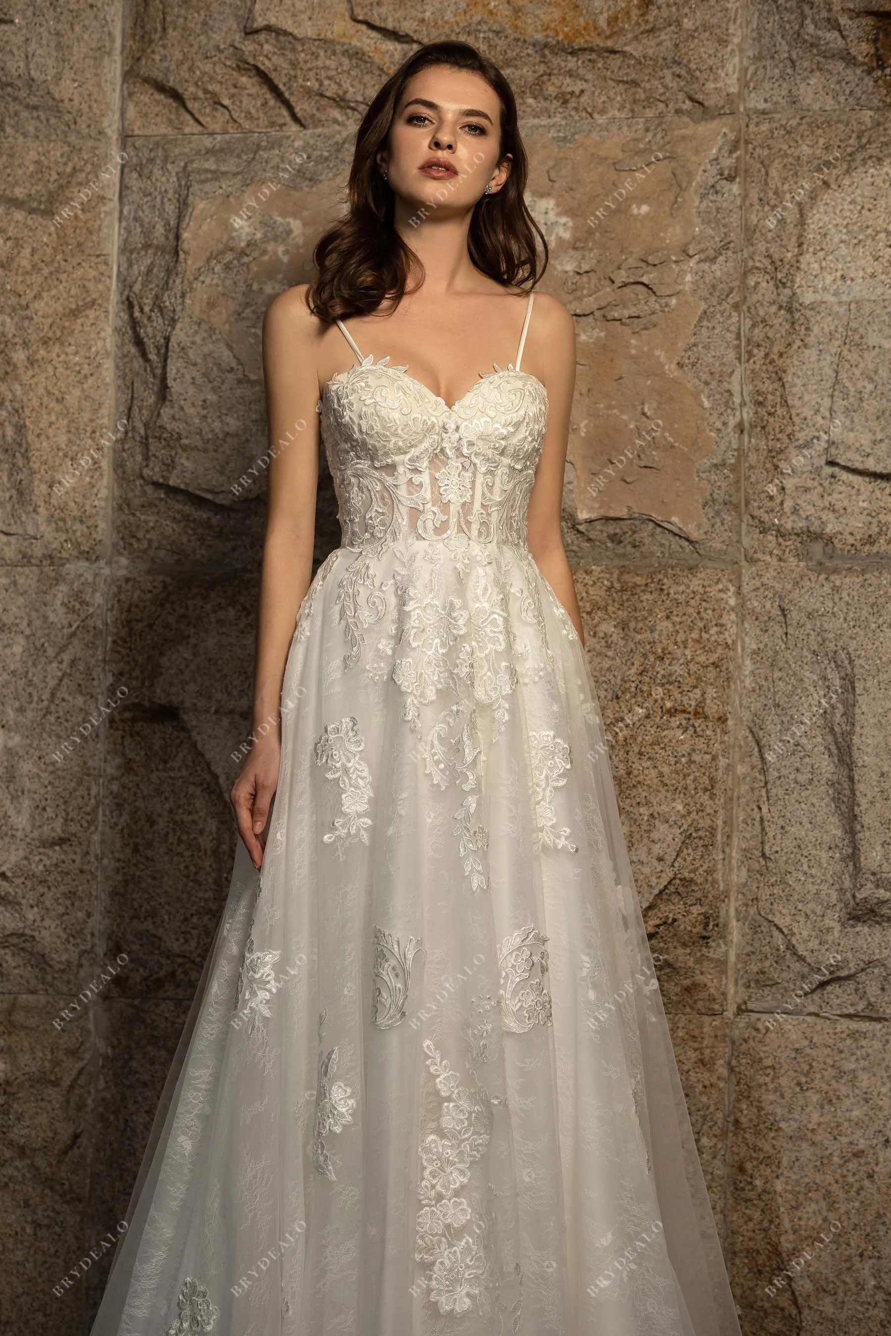 Spaghetti Strap Modern Corset Lace Destination Wedding Dress