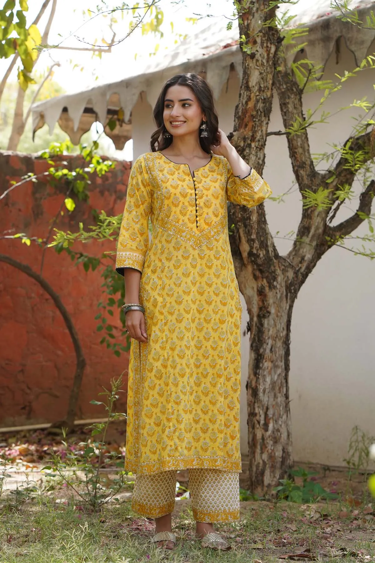 Straight Fit Kurta/Pant Set in Mango Yellow Color
