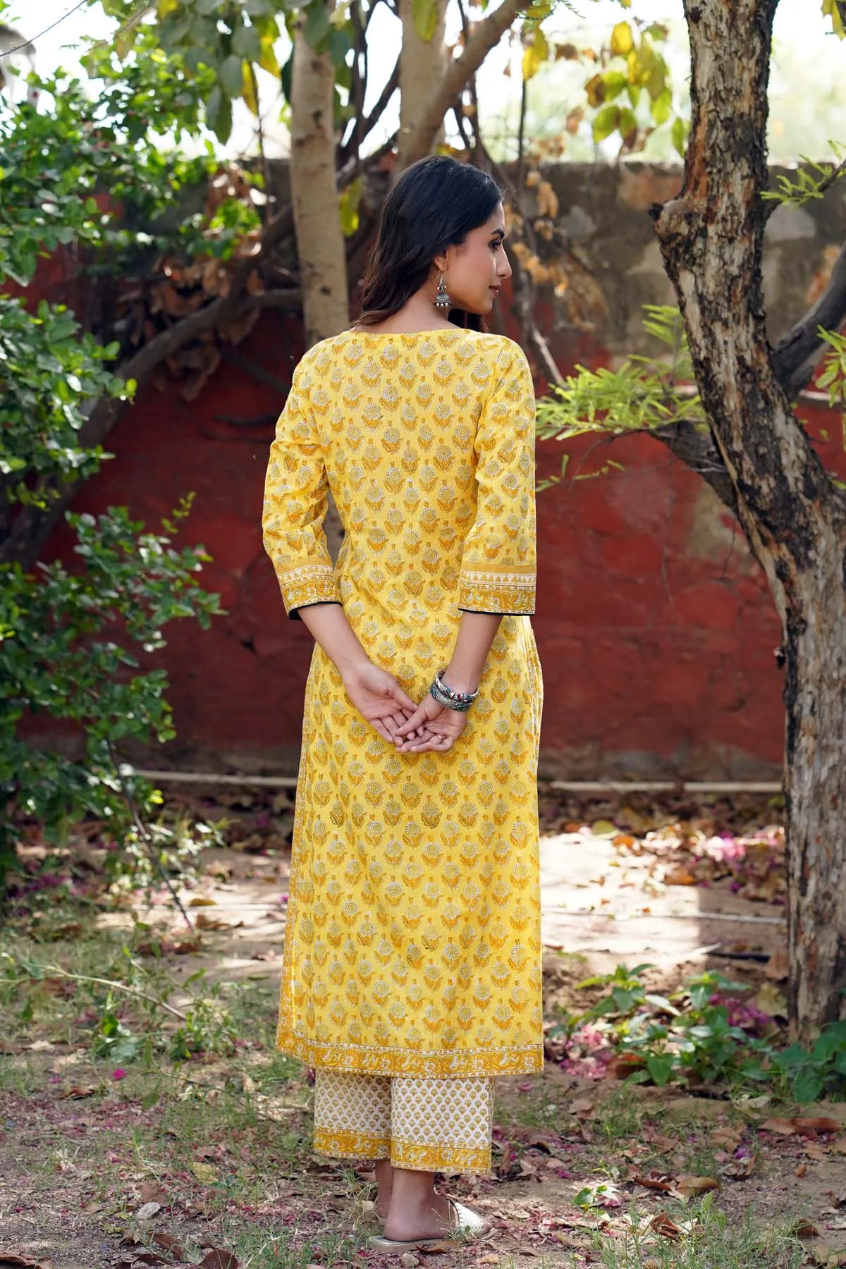 Straight Fit Kurta/Pant Set in Mango Yellow Color