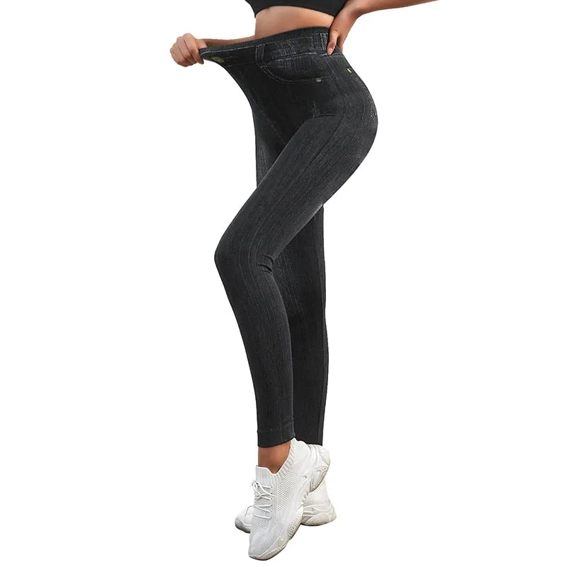Stretch Well Fitness Fake Pockets High Waist Leggings Faux Denim Jeans Sexy Elastic Jeggings Soft Casual Thin Pencil Pants