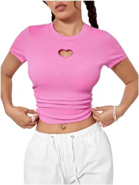 SweatyRocks Women's Y2K Short Sleeve Heart Cutout Ribbed Fitted Crop Top Tee Shirt