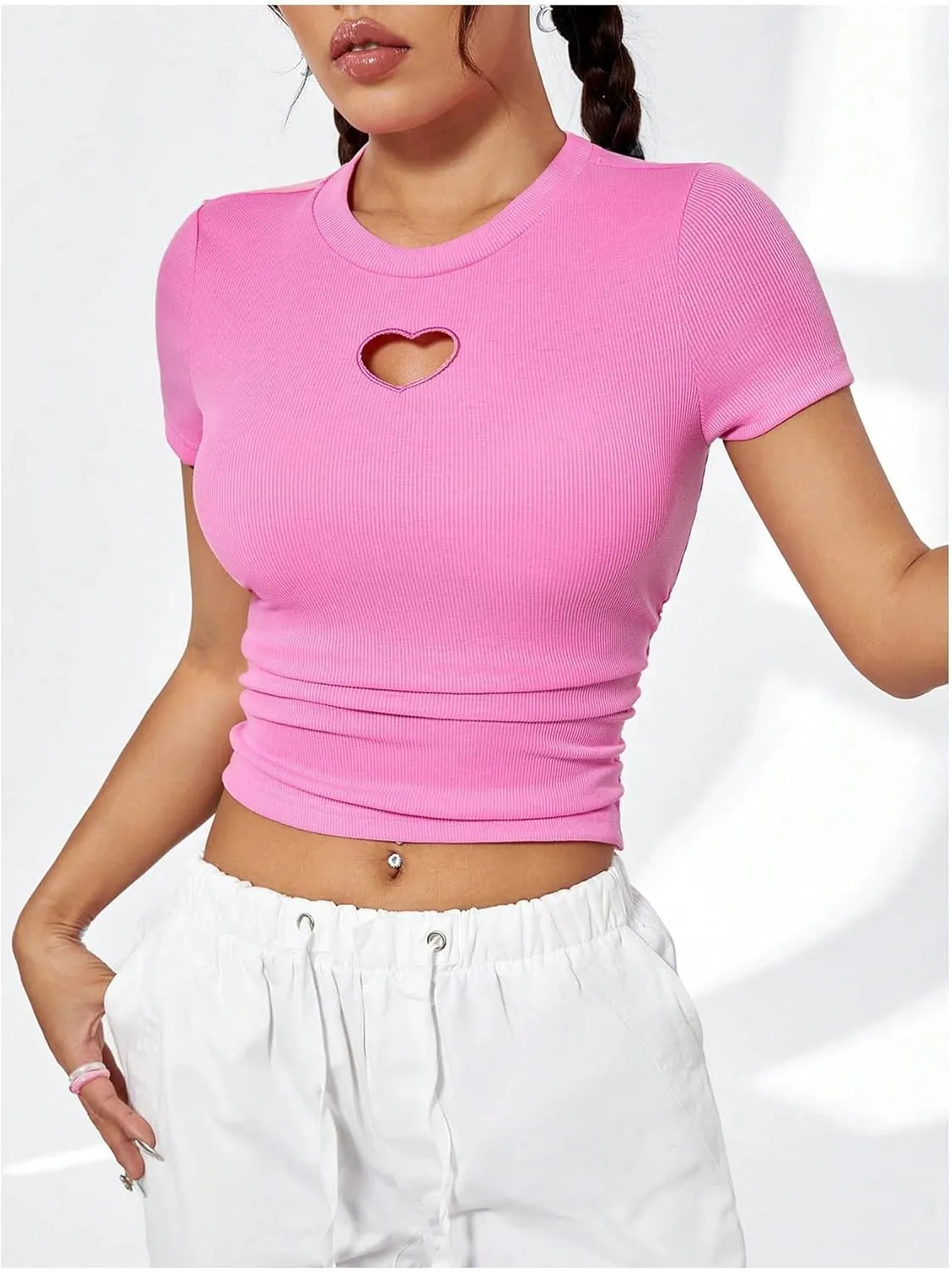 SweatyRocks Women's Y2K Short Sleeve Heart Cutout Ribbed Fitted Crop Top Tee Shirt