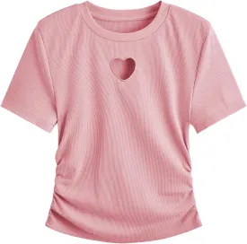 SweatyRocks Women's Y2K Short Sleeve Heart Cutout Ribbed Fitted Crop Top Tee Shirt