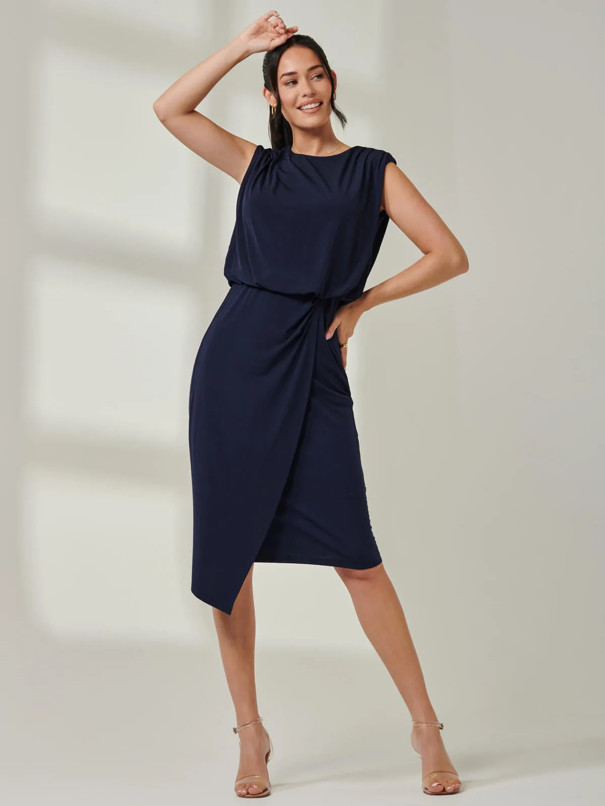 Tiered Draped Pencil Dress, Navy