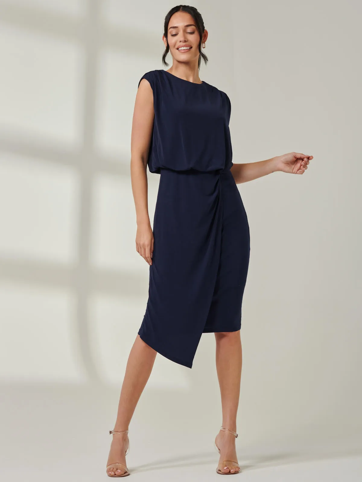 Tiered Draped Pencil Dress, Navy