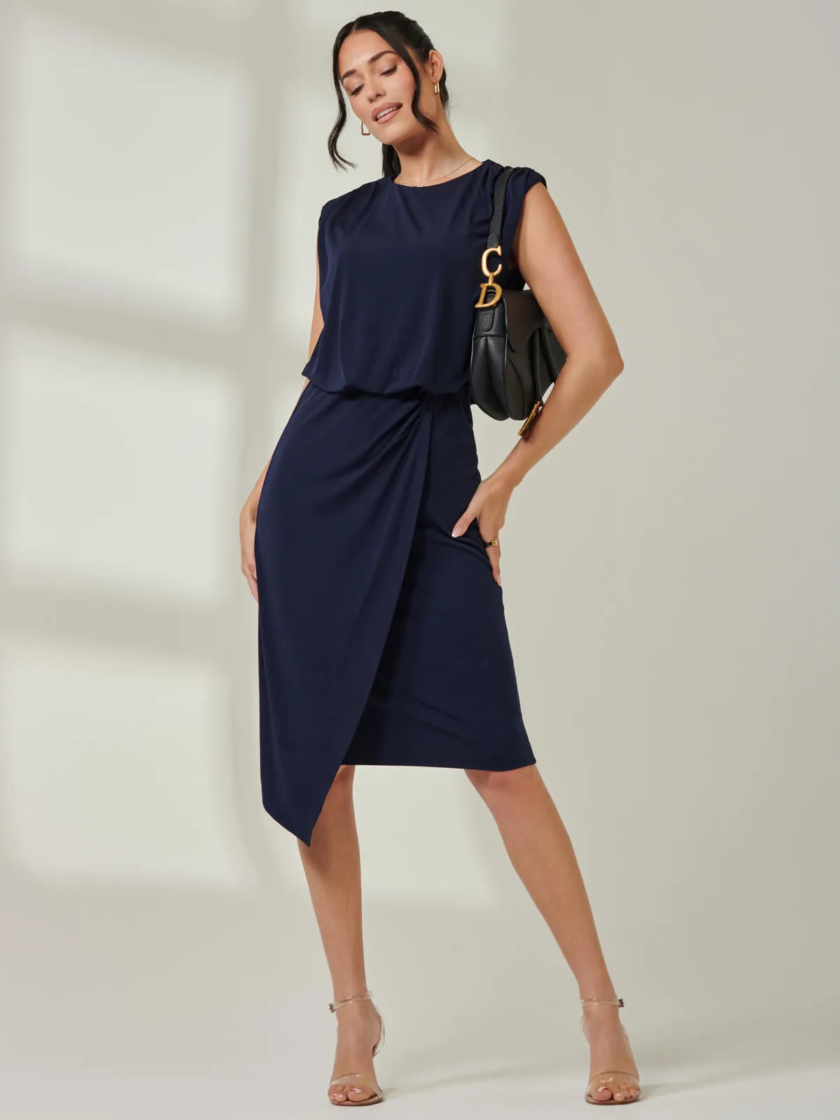 Tiered Draped Pencil Dress, Navy