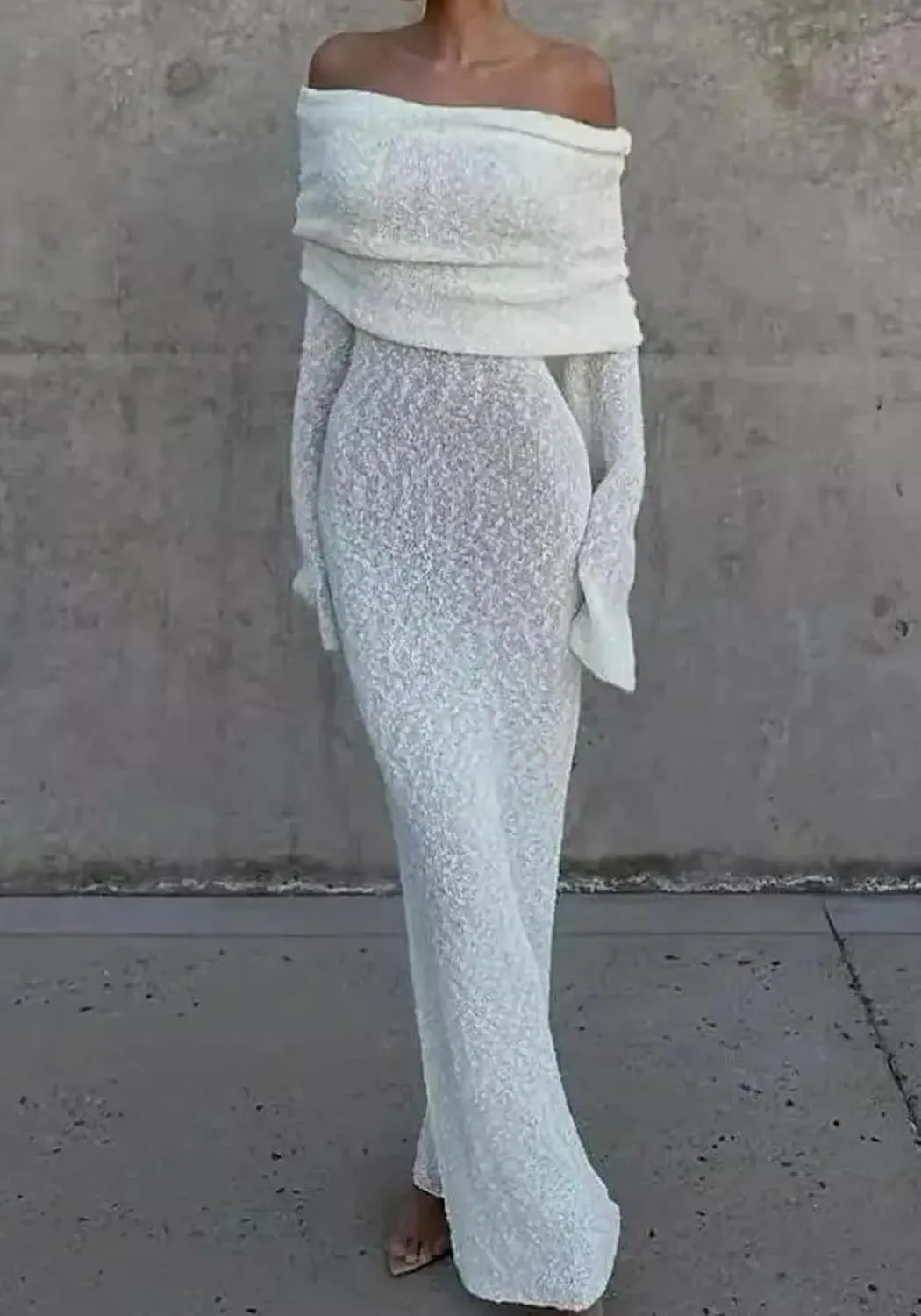 Unybwonn Sexy Off Shoulder Crochet Maxi Dress for Women Bodycon Stretchy Mesh Knit Dress Long Sleeve Party Wrap Dresses