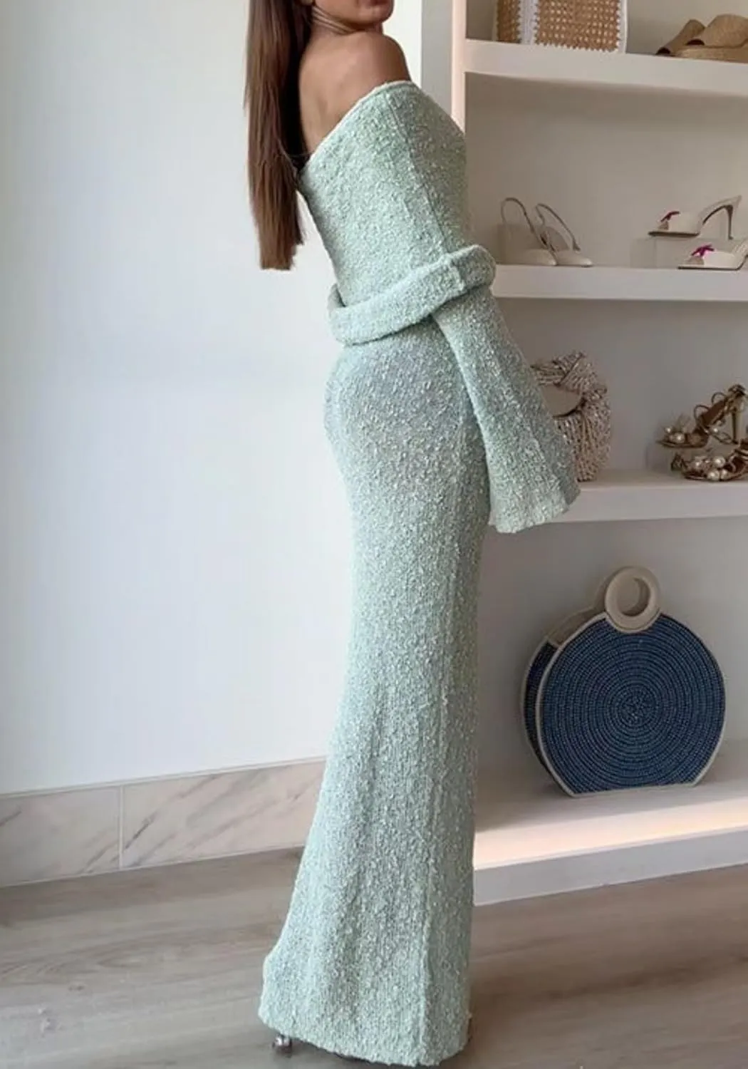 Unybwonn Sexy Off Shoulder Crochet Maxi Dress for Women Bodycon Stretchy Mesh Knit Dress Long Sleeve Party Wrap Dresses
