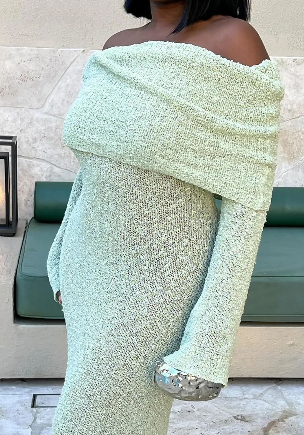 Unybwonn Sexy Off Shoulder Crochet Maxi Dress for Women Bodycon Stretchy Mesh Knit Dress Long Sleeve Party Wrap Dresses