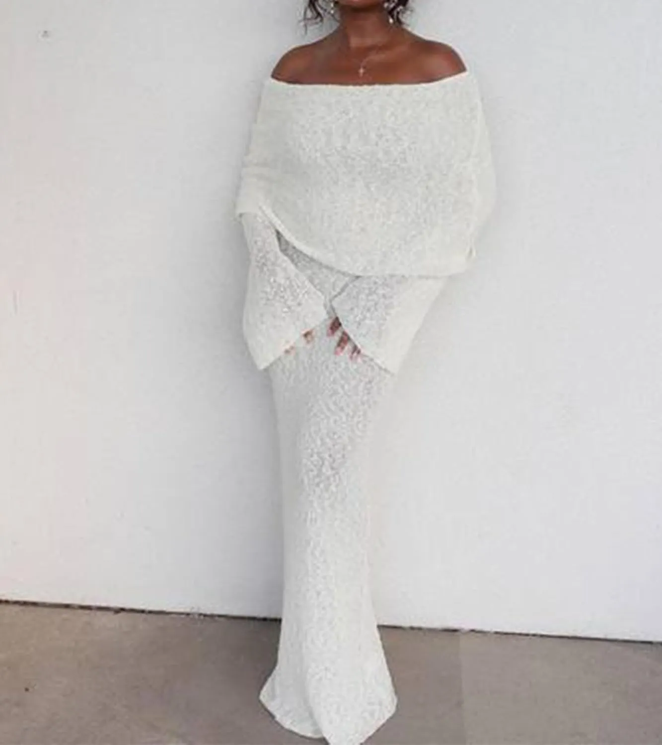 Unybwonn Sexy Off Shoulder Crochet Maxi Dress for Women Bodycon Stretchy Mesh Knit Dress Long Sleeve Party Wrap Dresses