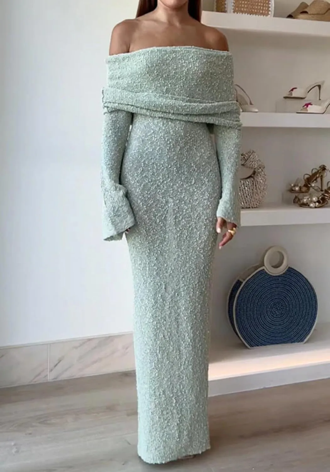 Unybwonn Sexy Off Shoulder Crochet Maxi Dress for Women Bodycon Stretchy Mesh Knit Dress Long Sleeve Party Wrap Dresses
