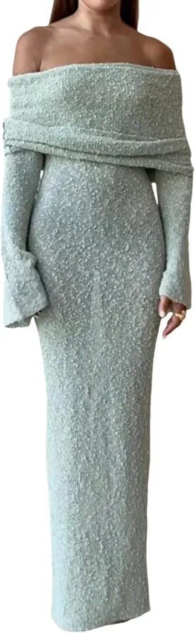 Unybwonn Sexy Off Shoulder Crochet Maxi Dress for Women Bodycon Stretchy Mesh Knit Dress Long Sleeve Party Wrap Dresses