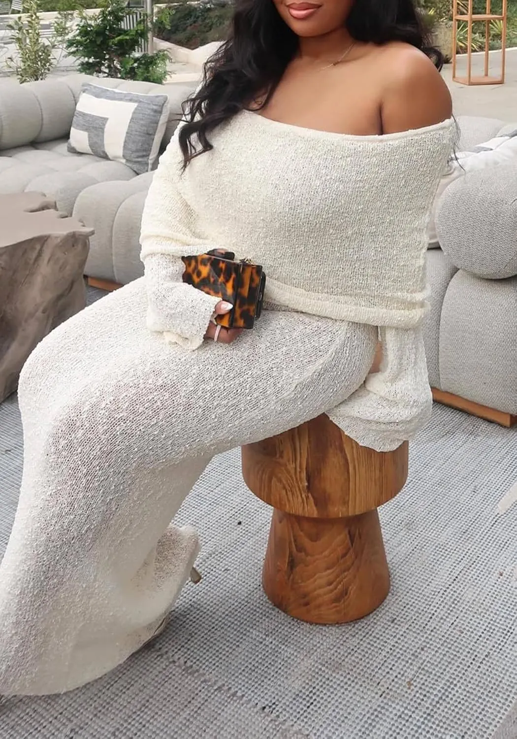 Unybwonn Sexy Off Shoulder Crochet Maxi Dress for Women Bodycon Stretchy Mesh Knit Dress Long Sleeve Party Wrap Dresses