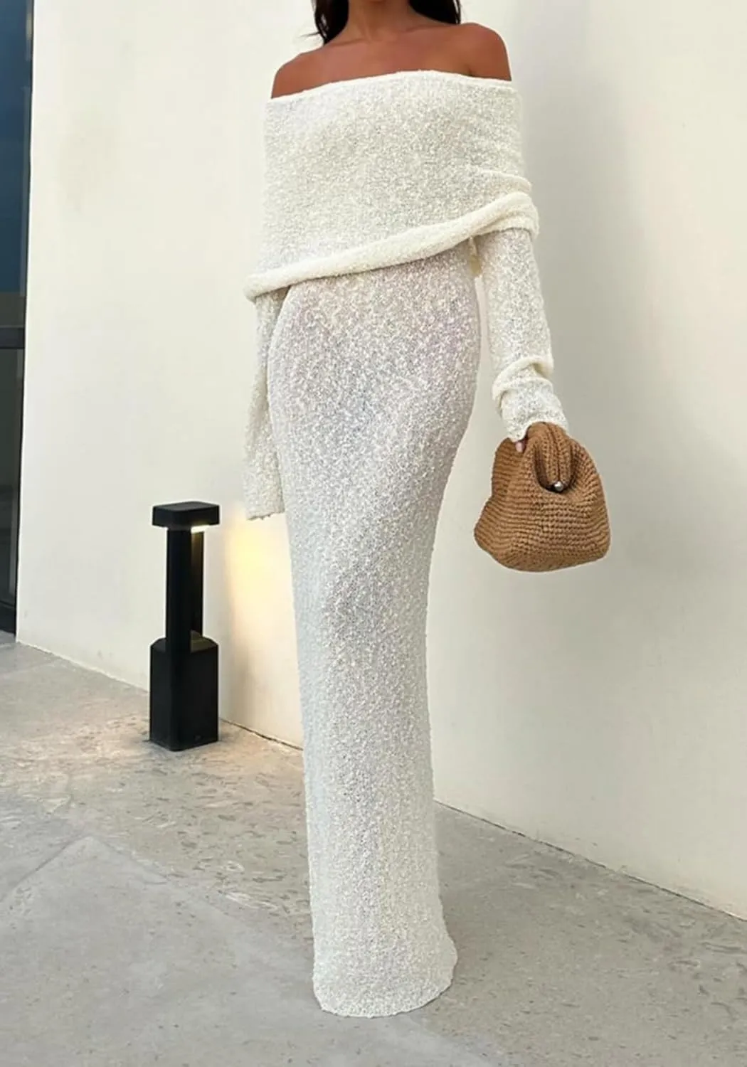 Unybwonn Sexy Off Shoulder Crochet Maxi Dress for Women Bodycon Stretchy Mesh Knit Dress Long Sleeve Party Wrap Dresses