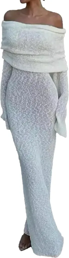 Unybwonn Sexy Off Shoulder Crochet Maxi Dress for Women Bodycon Stretchy Mesh Knit Dress Long Sleeve Party Wrap Dresses