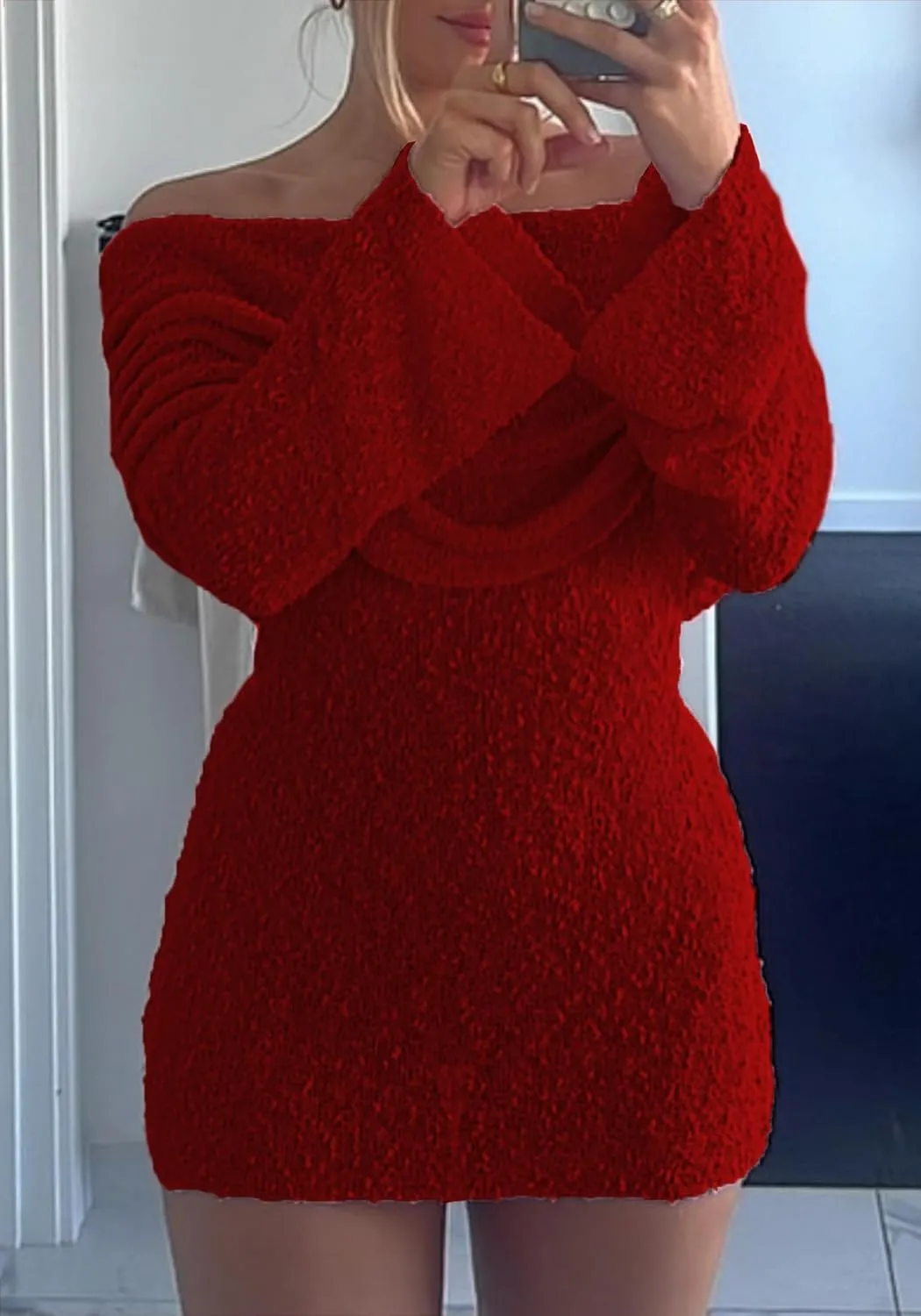 Unybwonn Women's Off Shoulder Mini Short Dress Bodycon Long Sleeve Crochet Sexy Going Out Mesh Elegant Sweater Dresses