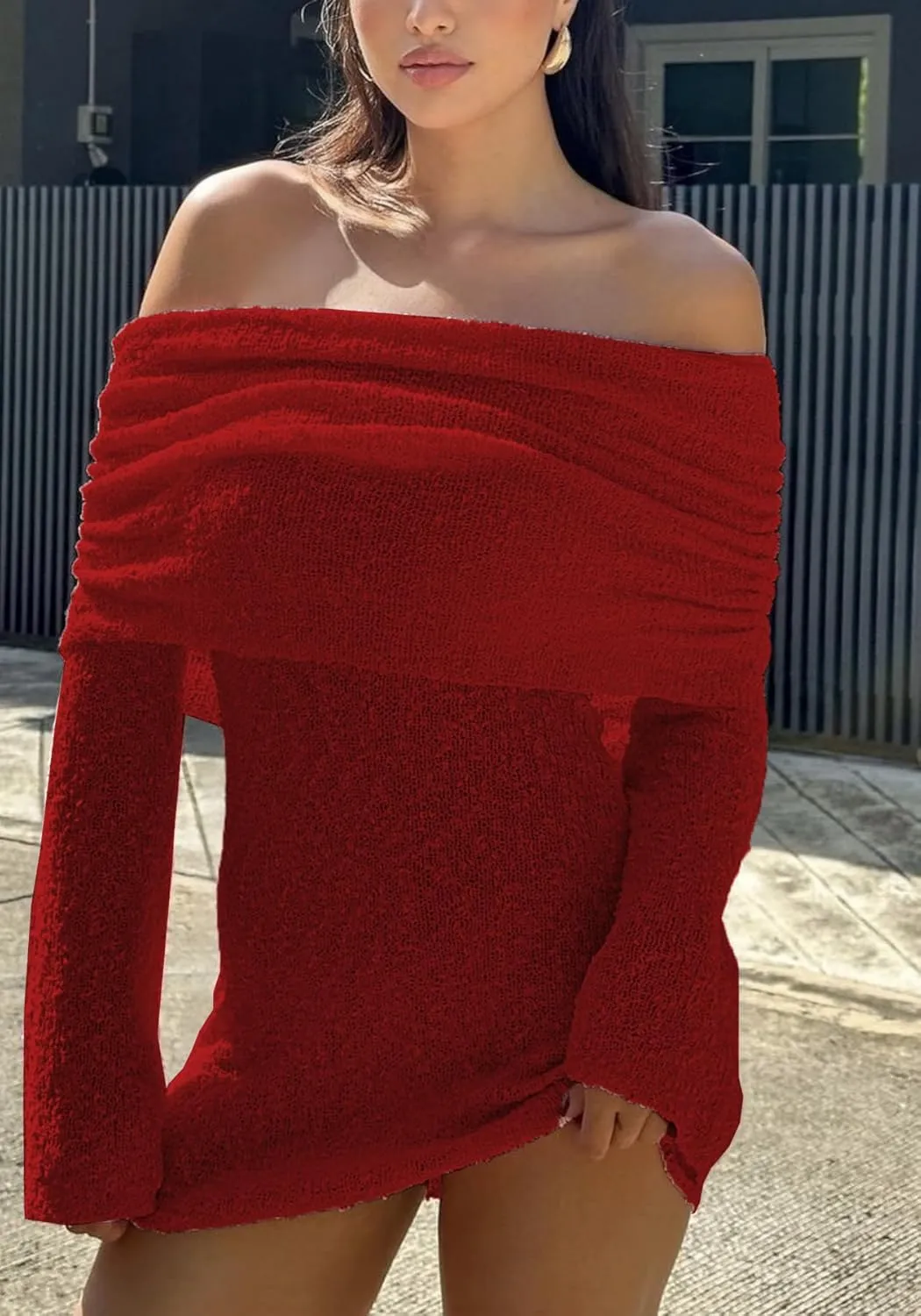 Unybwonn Women's Off Shoulder Mini Short Dress Bodycon Long Sleeve Crochet Sexy Going Out Mesh Elegant Sweater Dresses