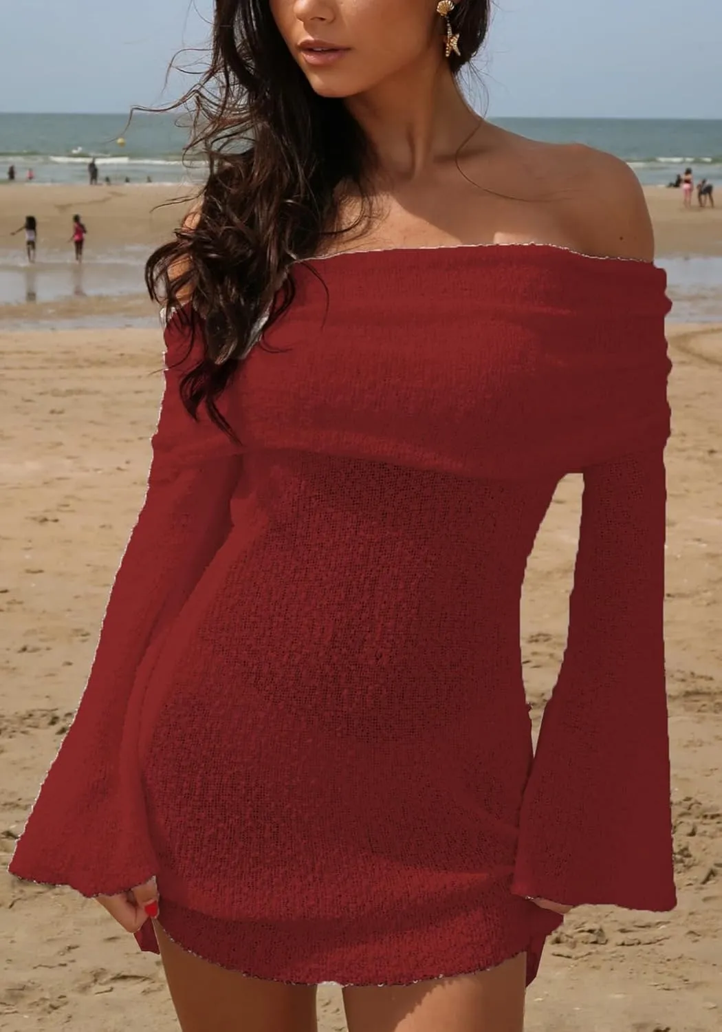 Unybwonn Women's Off Shoulder Mini Short Dress Bodycon Long Sleeve Crochet Sexy Going Out Mesh Elegant Sweater Dresses