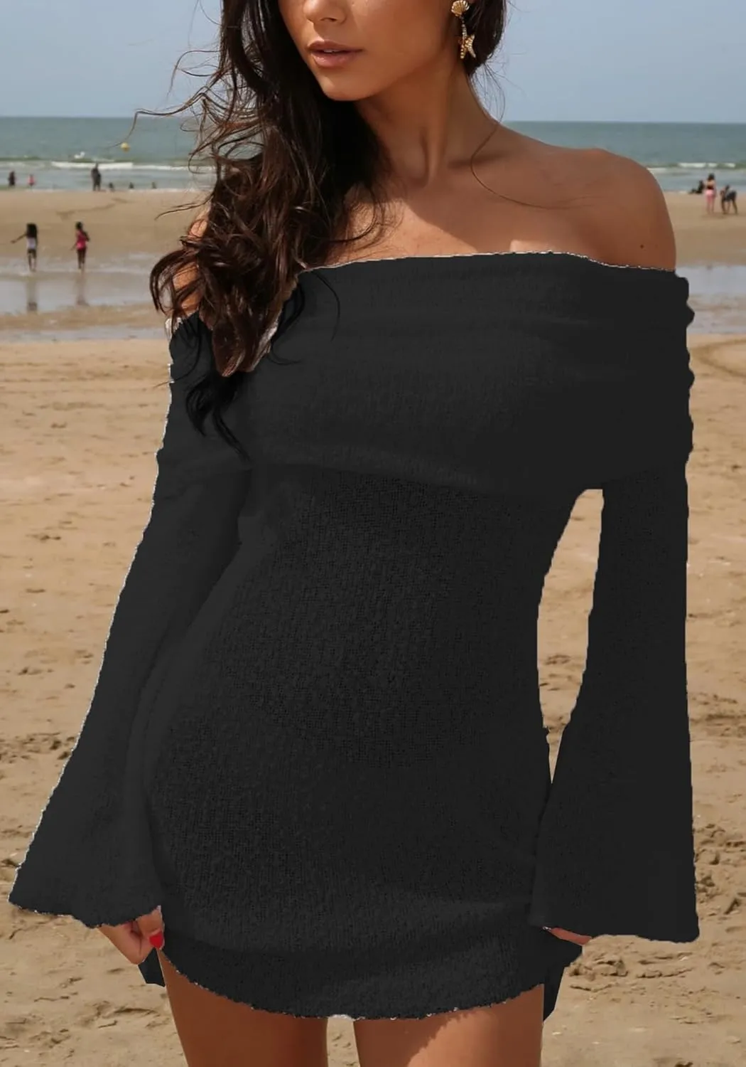 Unybwonn Women's Off Shoulder Mini Short Dress Bodycon Long Sleeve Crochet Sexy Going Out Mesh Elegant Sweater Dresses