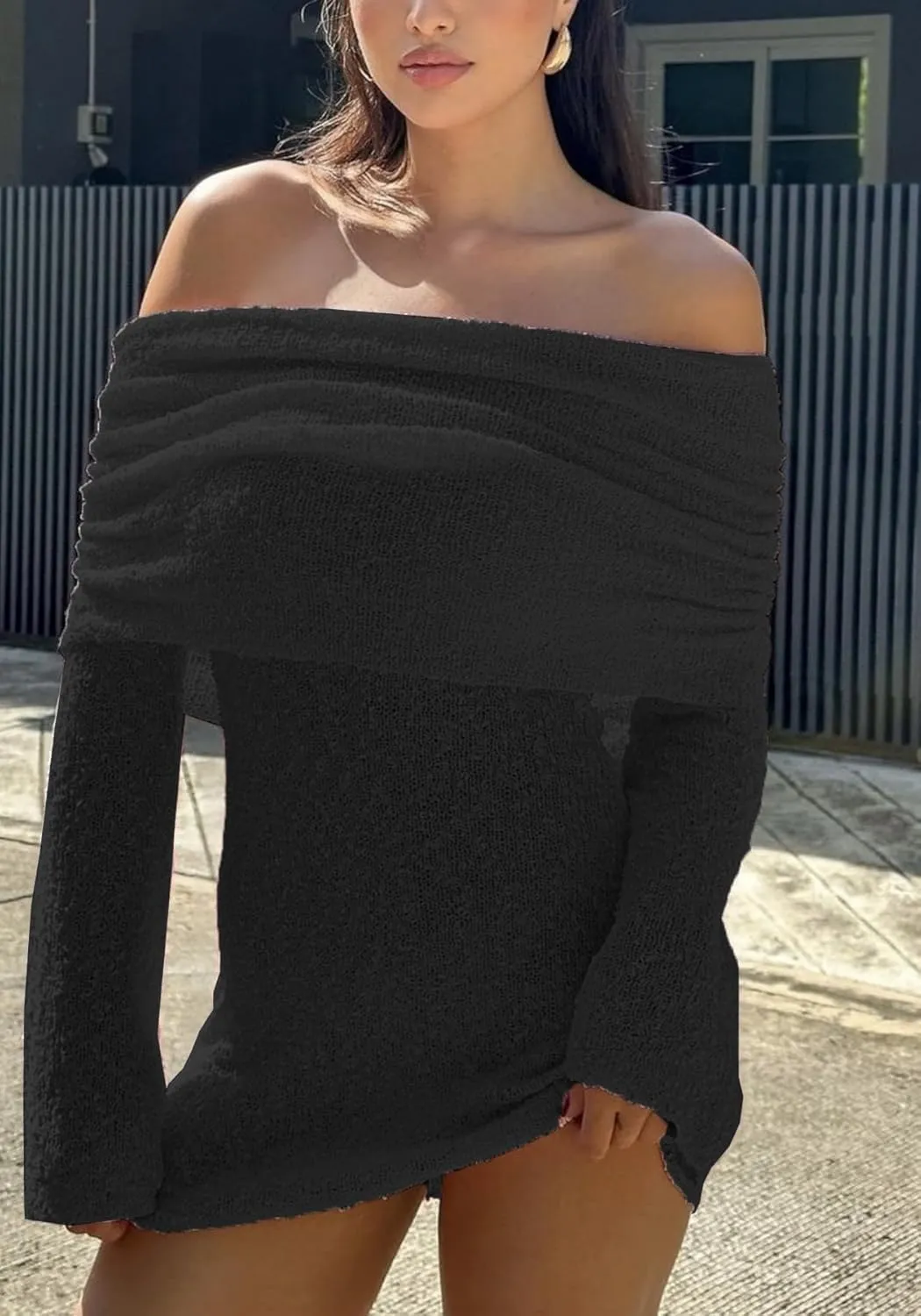 Unybwonn Women's Off Shoulder Mini Short Dress Bodycon Long Sleeve Crochet Sexy Going Out Mesh Elegant Sweater Dresses
