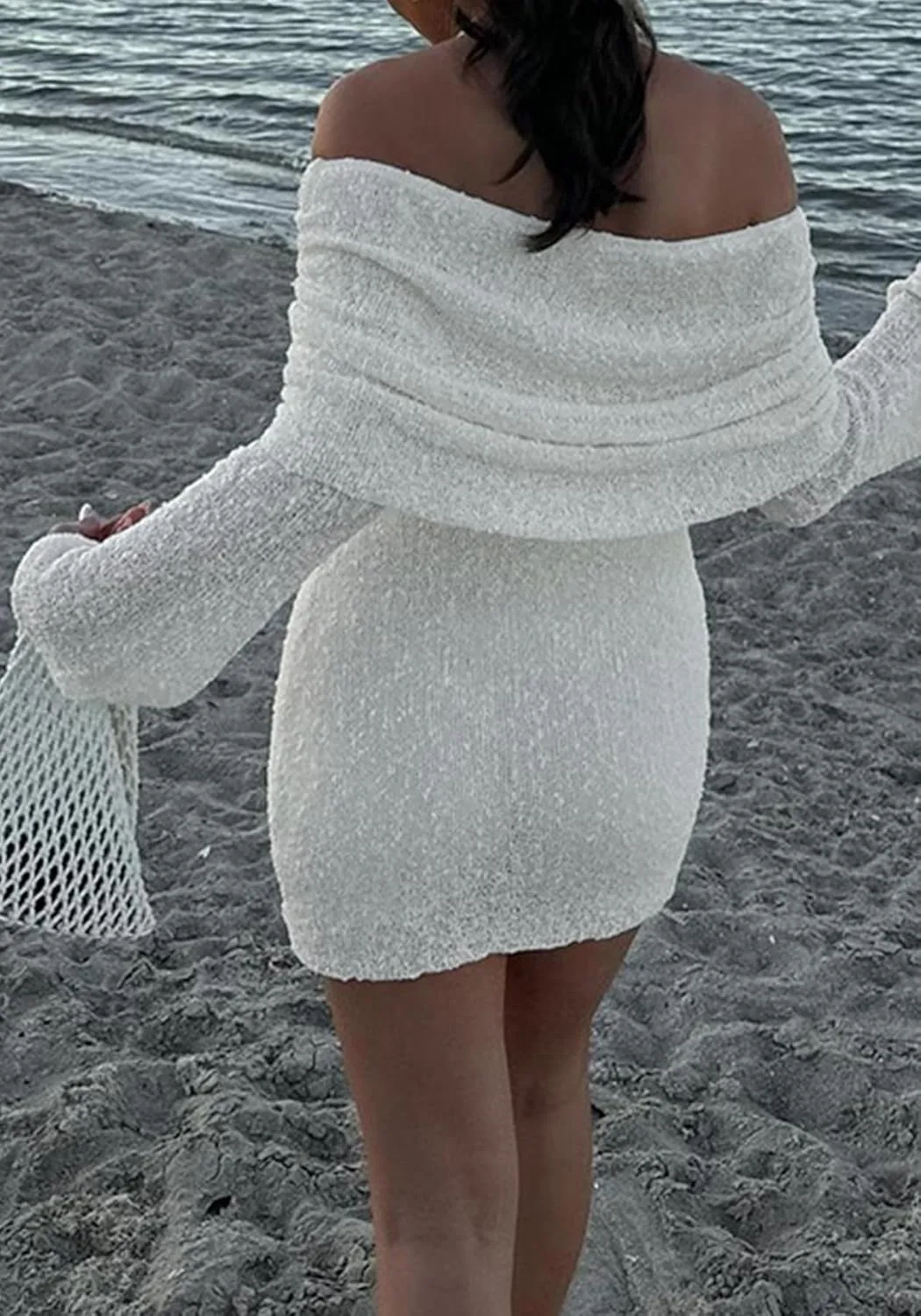 Unybwonn Women's Off Shoulder Mini Short Dress Bodycon Long Sleeve Crochet Sexy Going Out Mesh Elegant Sweater Dresses