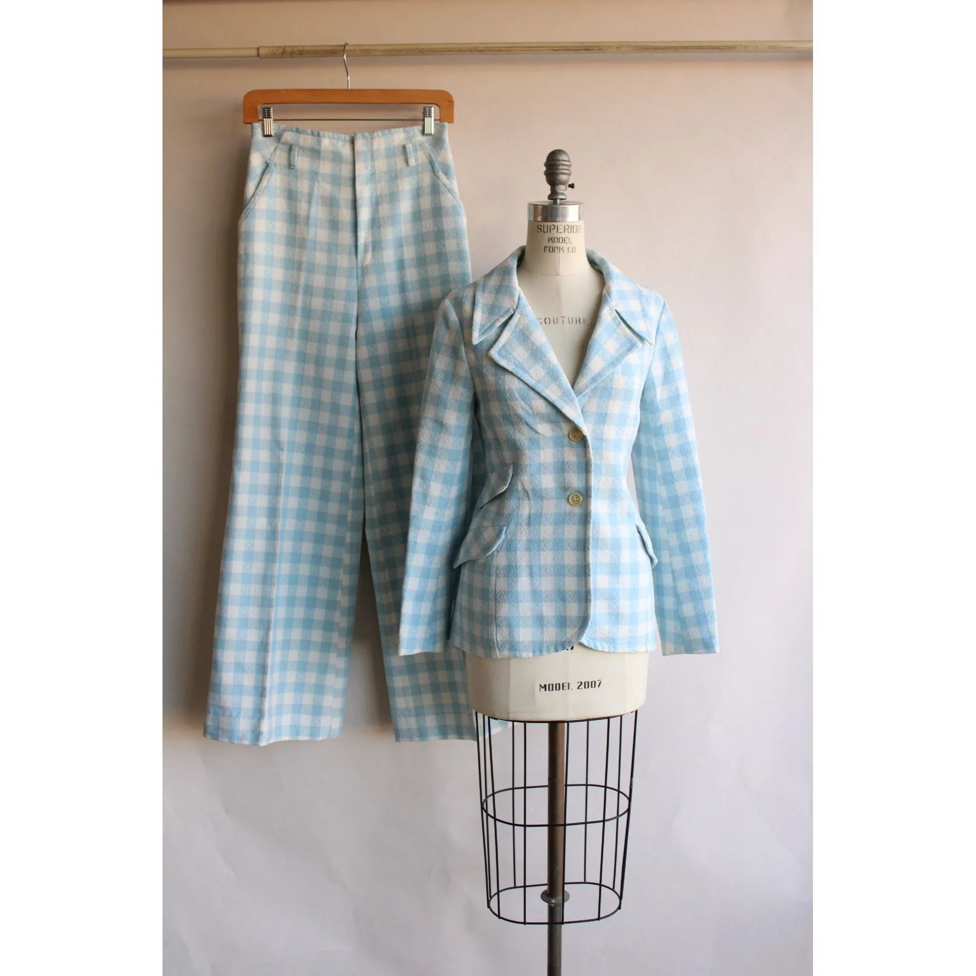 Vintage 1970s Suit ,Pants and Jacket Blue and White Check Two Piece Suit ,Jacket And Trousers Set