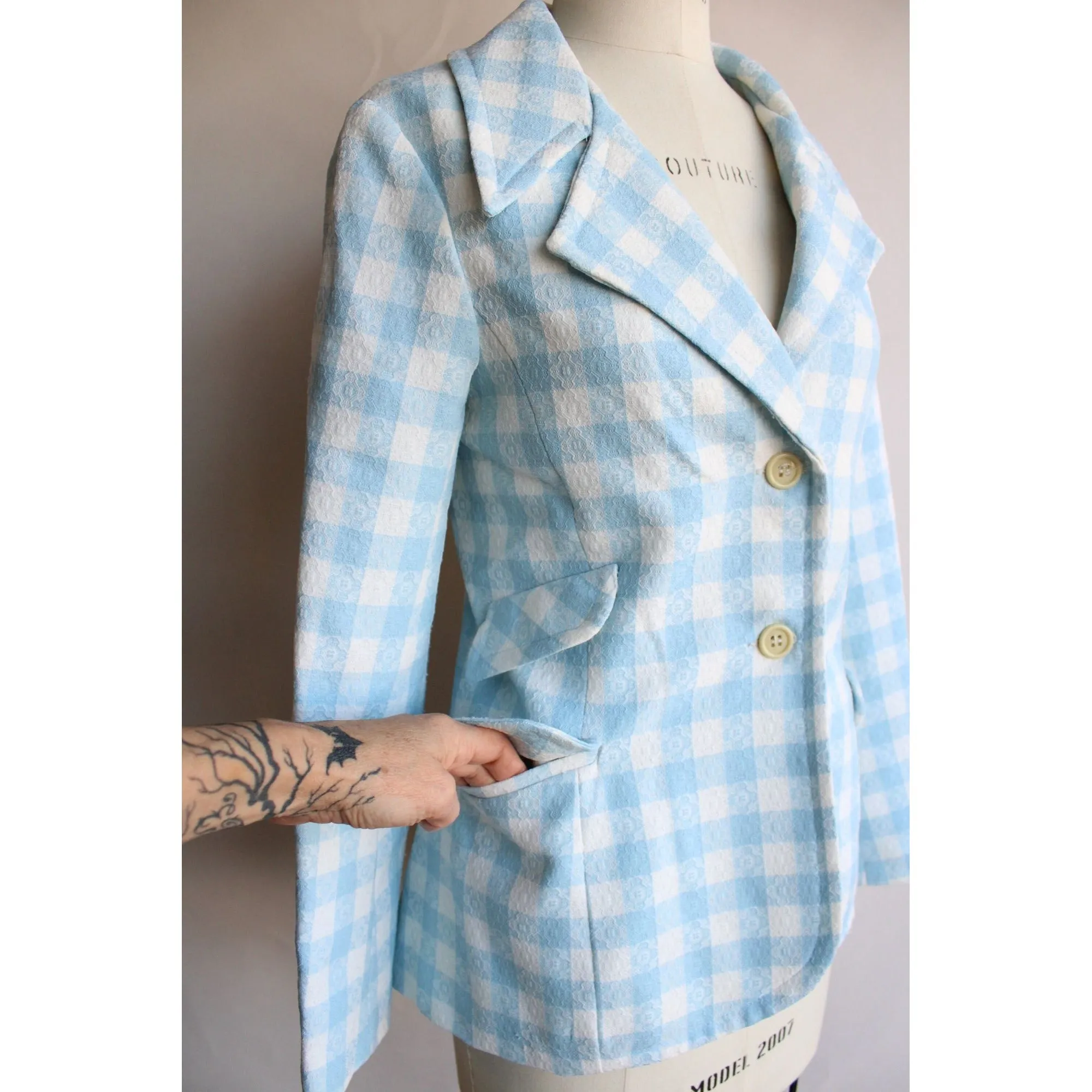 Vintage 1970s Suit ,Pants and Jacket Blue and White Check Two Piece Suit ,Jacket And Trousers Set
