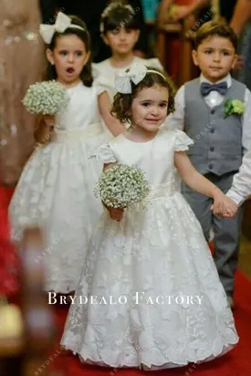 White Crew Neck Satin Lace Floor-Length Flower Girl Ballgown
