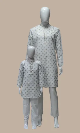 White Printed Father & Son Kurta Set