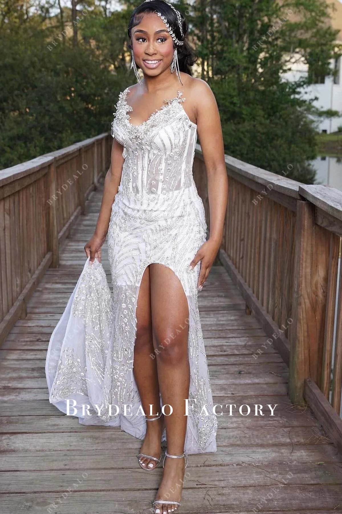 White Rhinestones Strapless Slit Mermaid Prom Dress