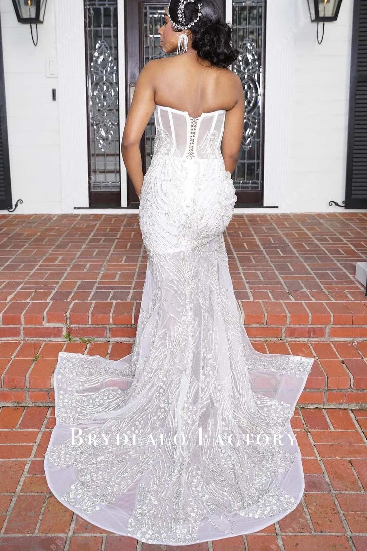 White Rhinestones Strapless Slit Mermaid Prom Dress