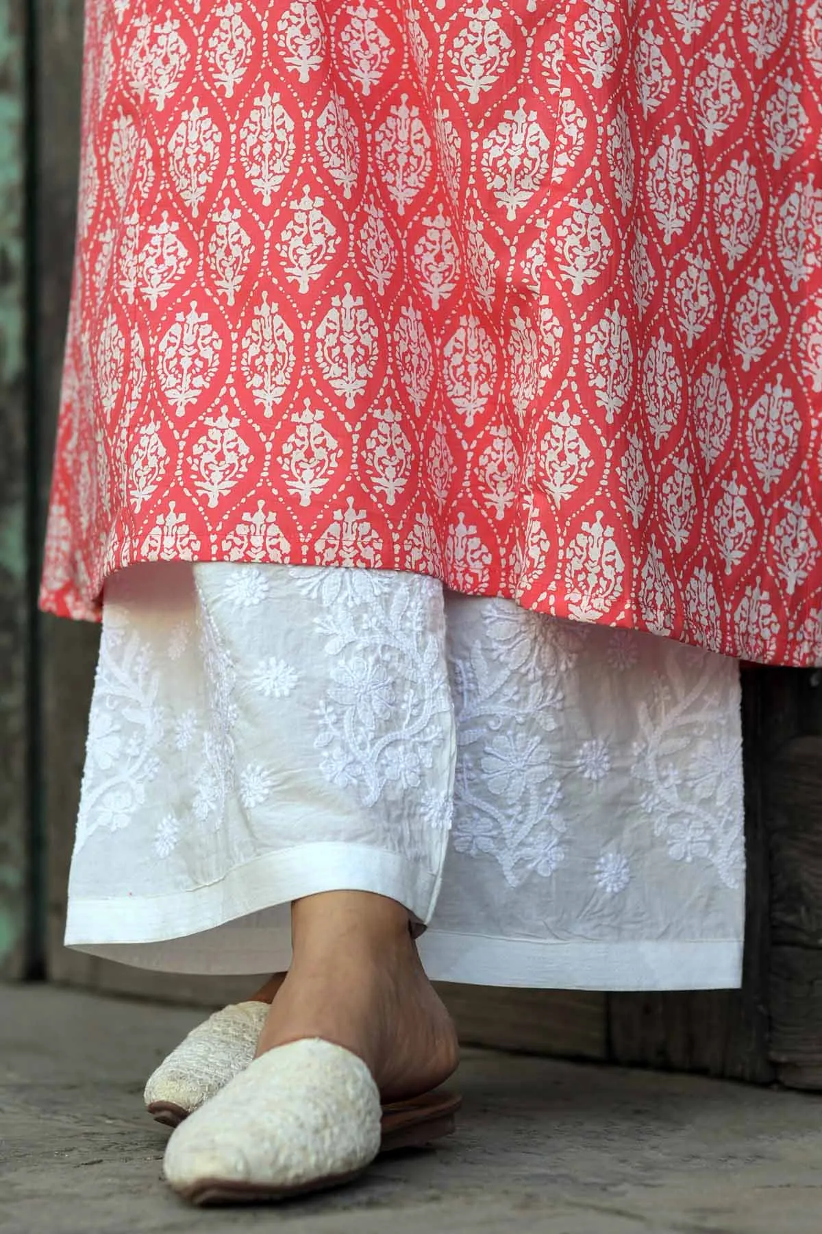 White Straight Pants With Chikankari Work