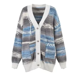 Winter Colorful Cardigan Sweater Stripe Rainbow Knitted Button Coat Fashion Contrast Color Sweater Coat Y2K Tops  C-254